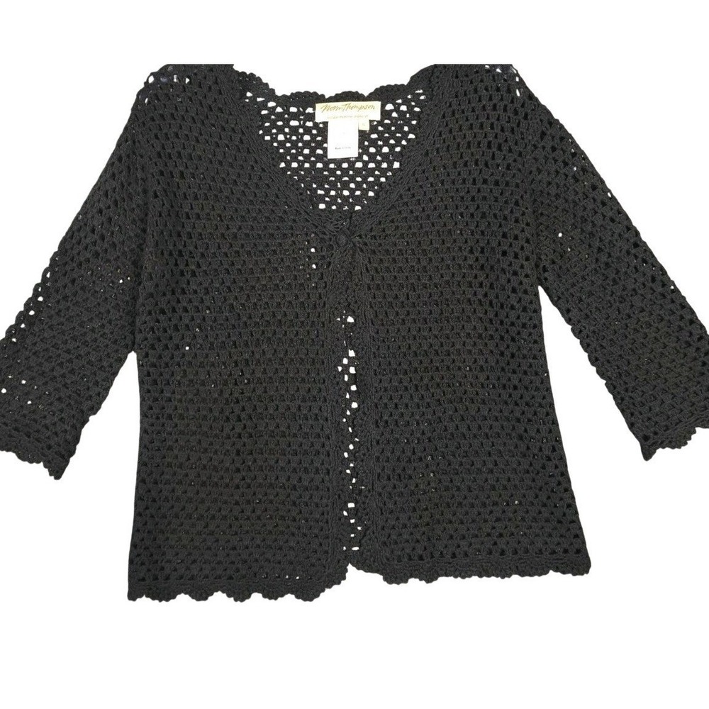VINTAGE Norm Thompson Black Hand Knit button up Cardigan sweater Linen Small